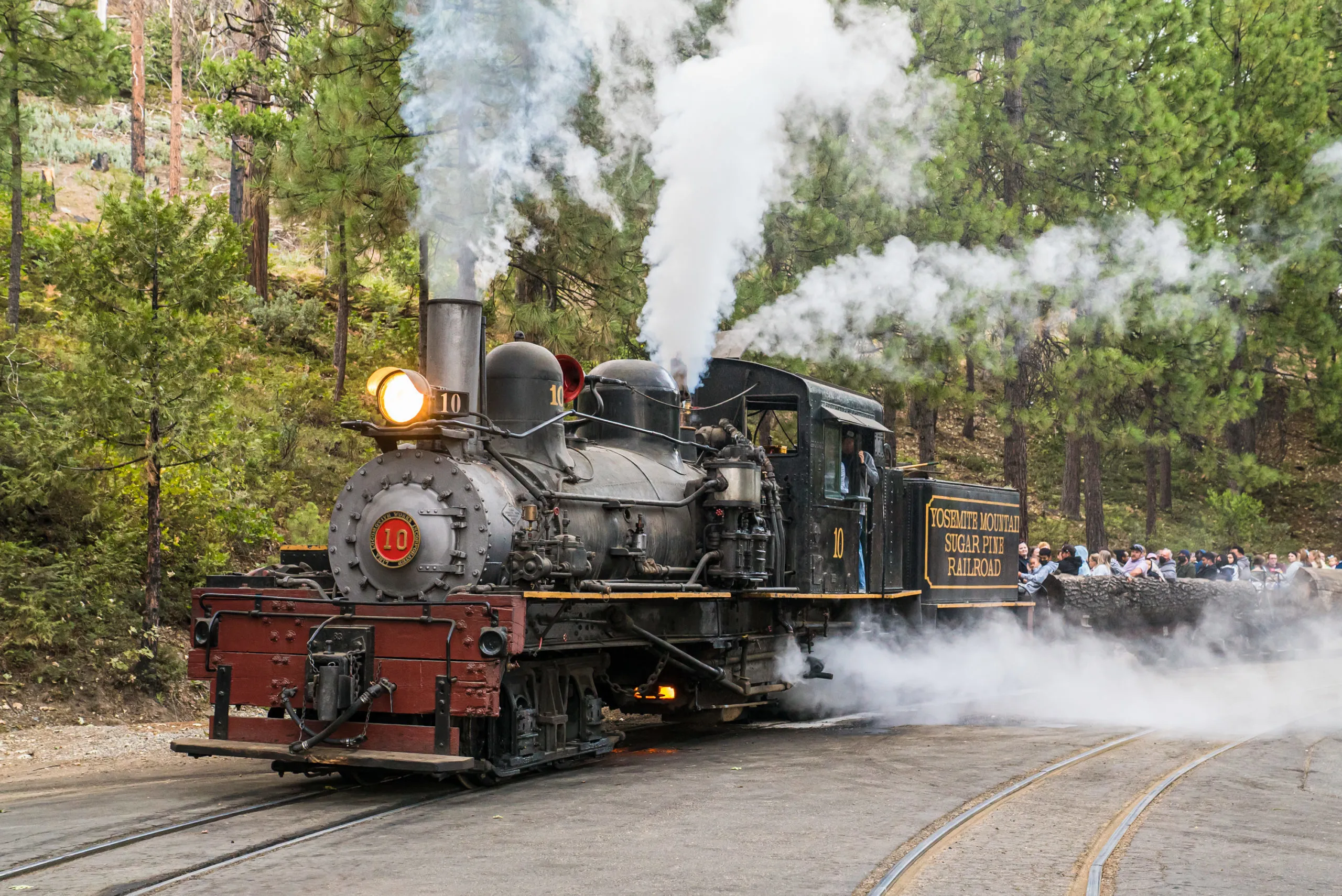 Yosemite Mountain Sugar Pine Railroad steam train in the forest
